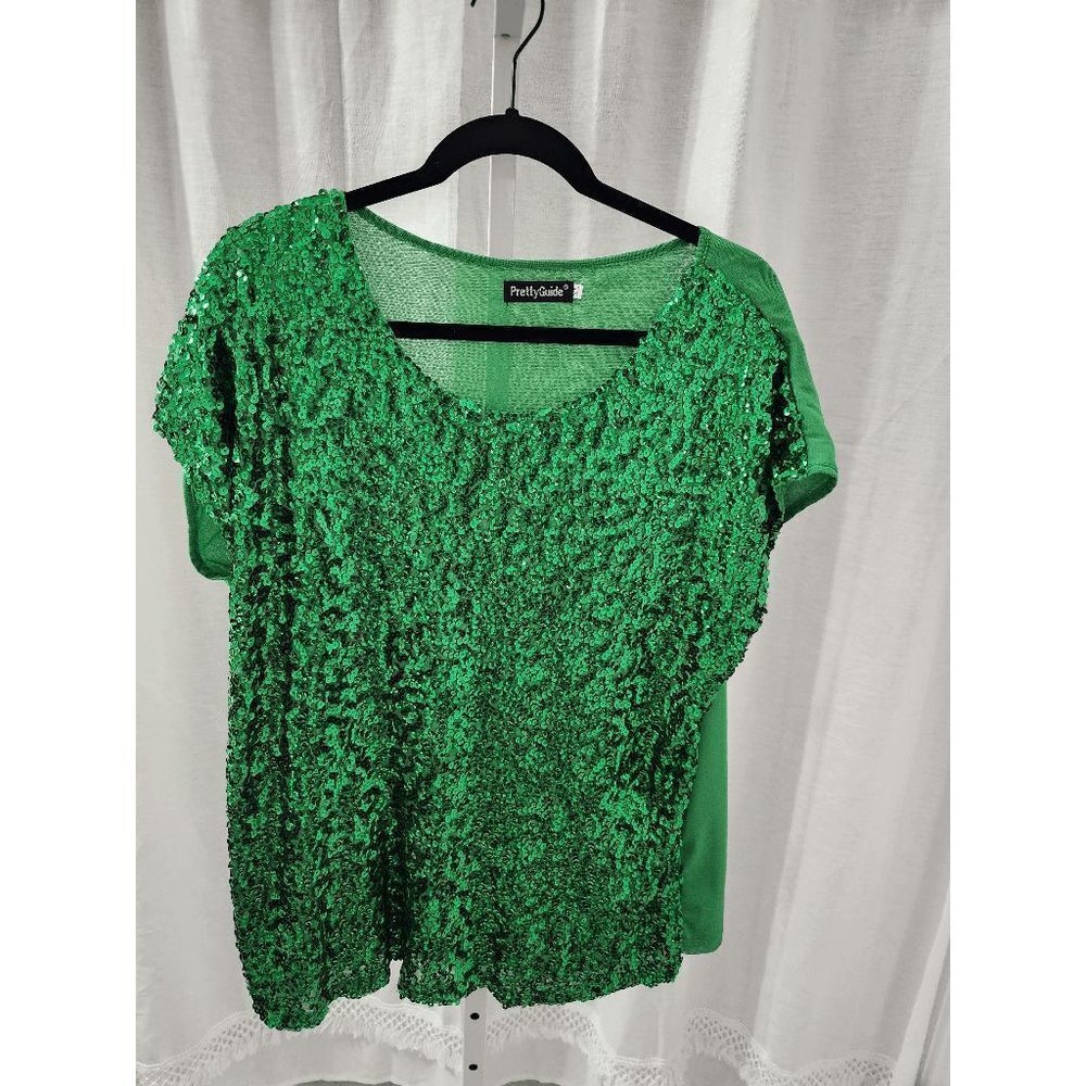 PrettyGuide Green Sequin Front Blouse XL